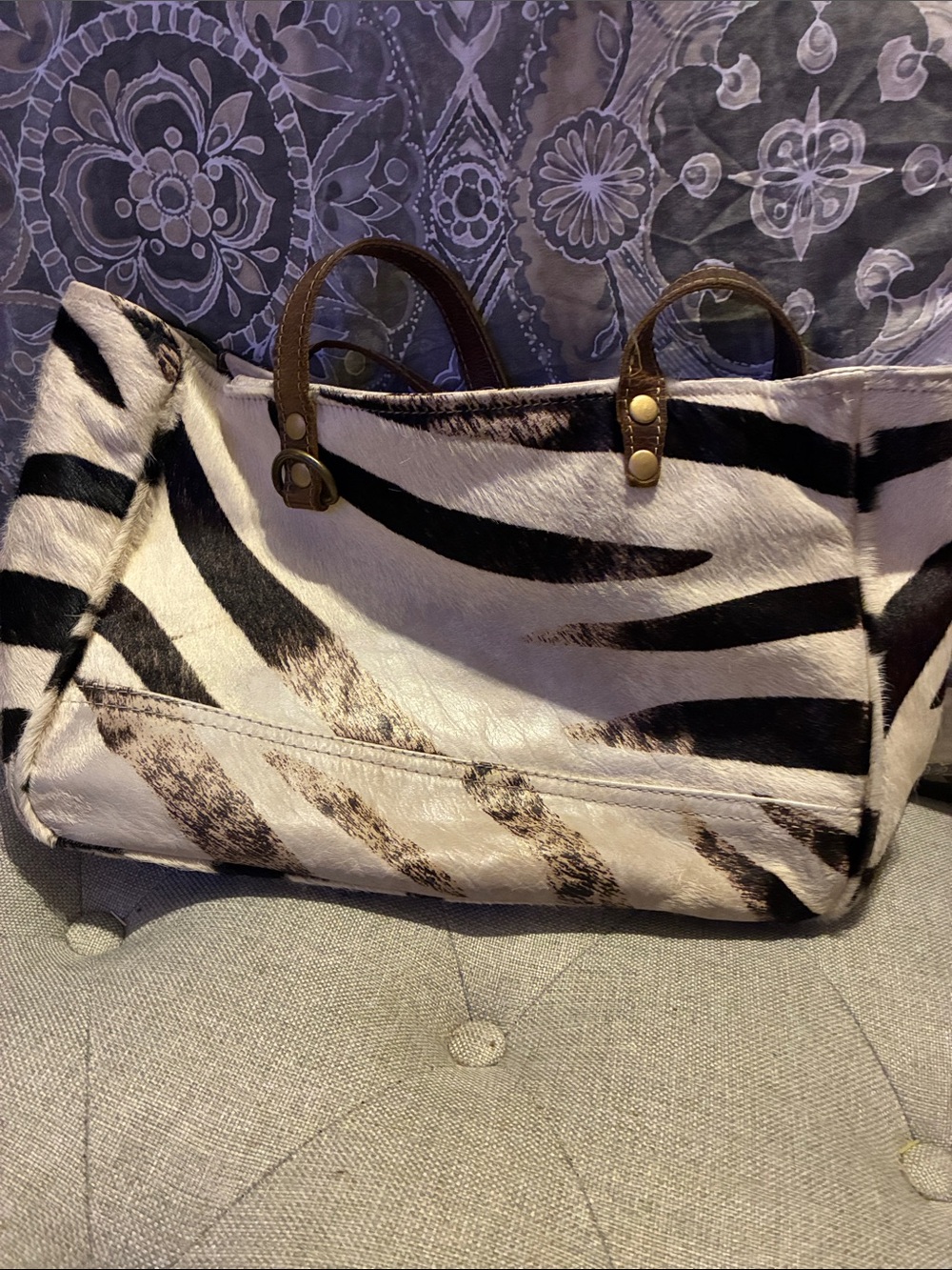Myra Bag Black and White Zebra Print Tote with Brown Handles